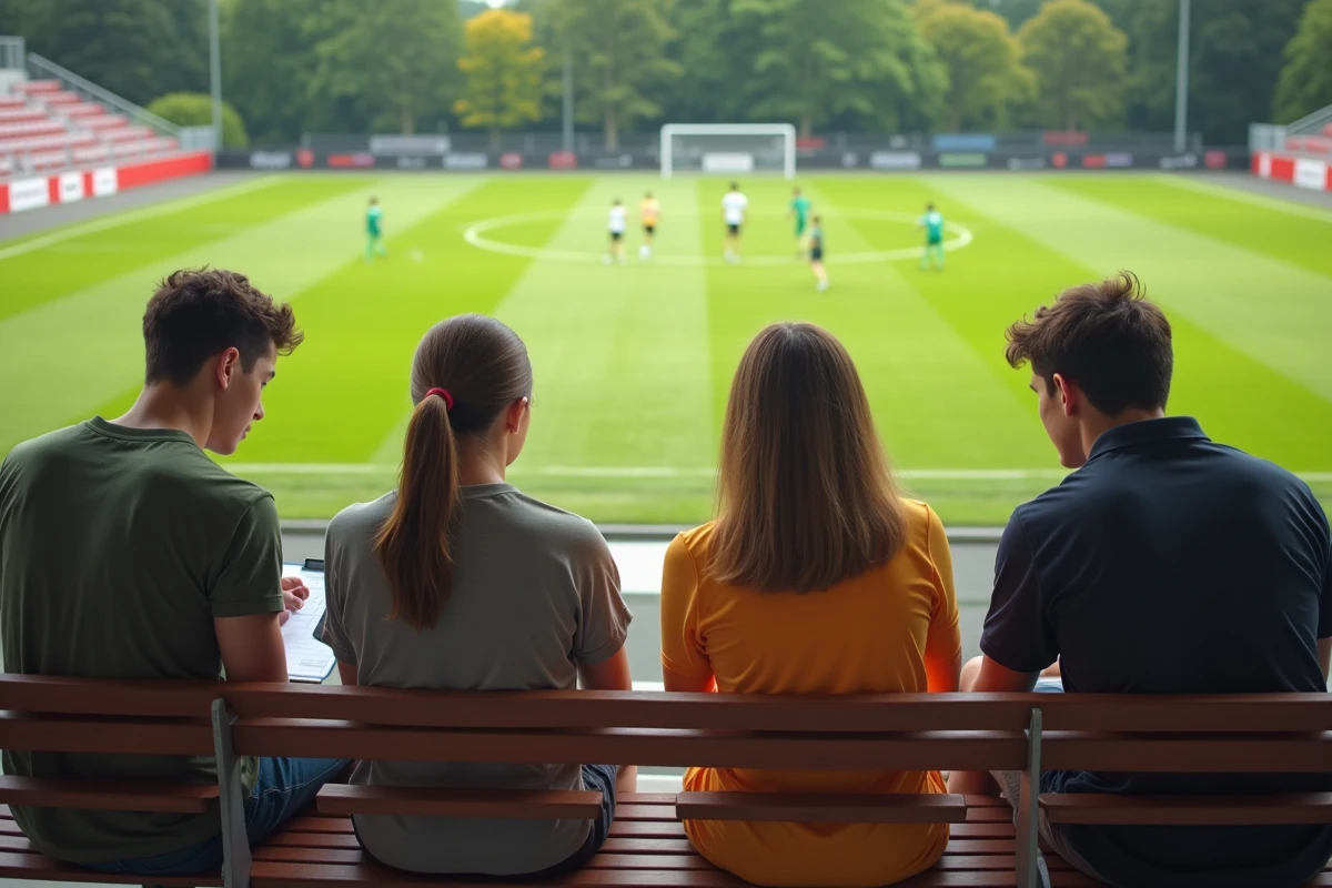 Groupe de jeunes assis près du terrain de football en pleine discussion