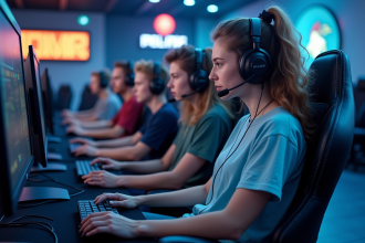 Jeunes adultes en compétition d'esports dans un centre moderne