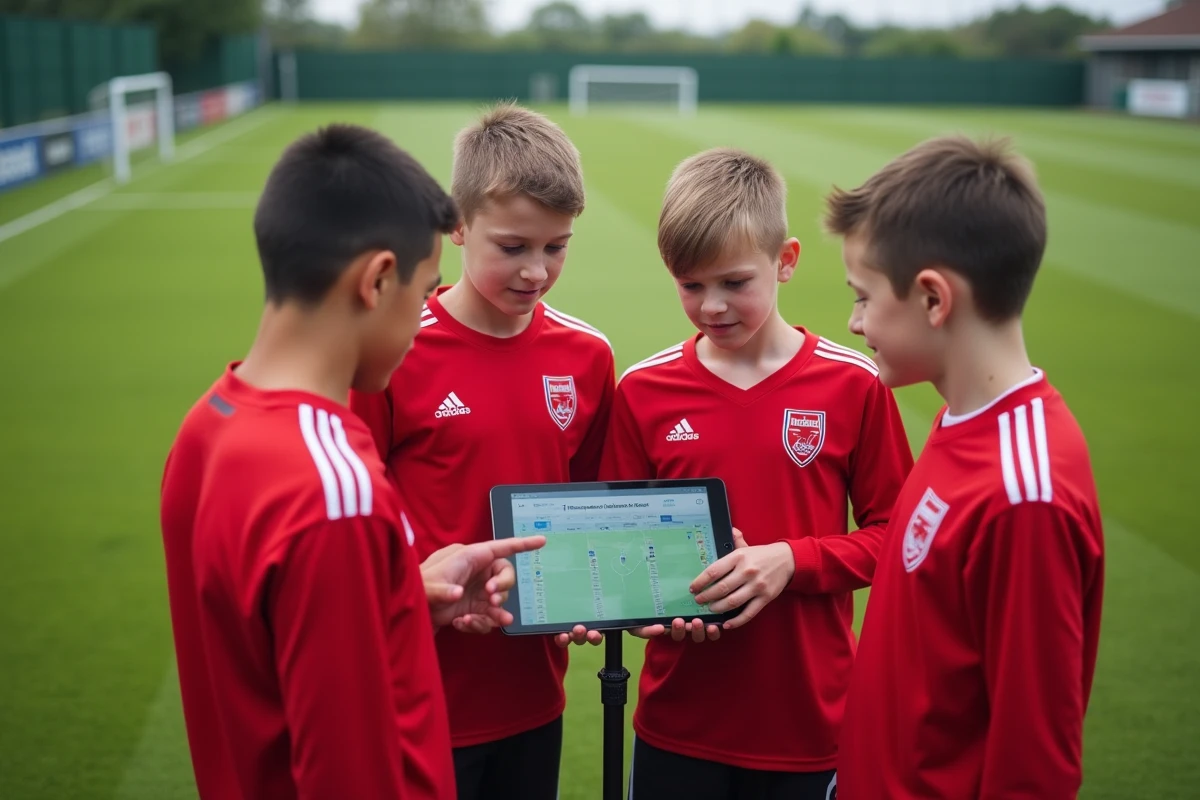Groupe de jeunes sportifs en section junior consultant un planning d'entraînement structuré sur tablette au bord d'un terrain de football