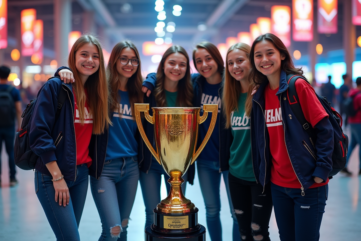 Groupe de jeunes célébrant avec un trophée lors d’un tournoi