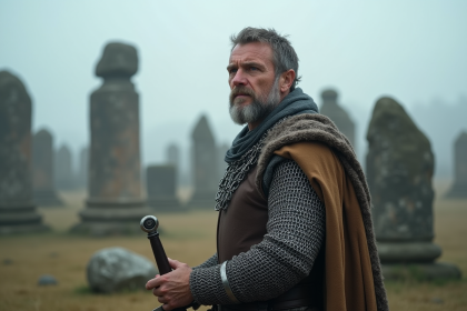 Guerrier masculin en armure de chaîne dans un champ de bataille ancien