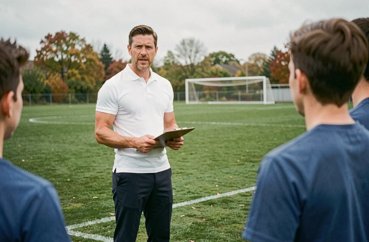 Ancien footballeur professionnel reconverti en entraîneur donnant des instructions sur un terrain d'entraînement en 2026