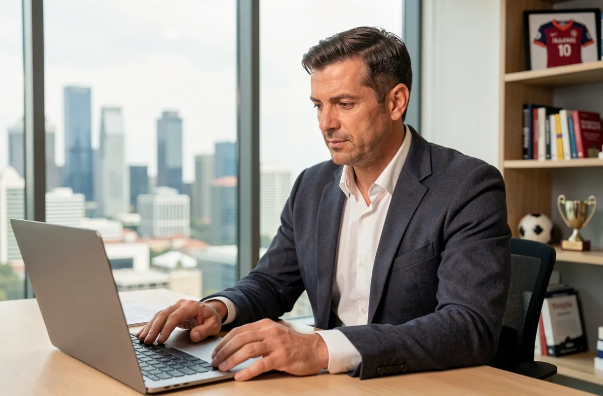 Footballeur reconverti dans la gestion sportive assis dans un bureau moderne avec vue sur la ville, illustrant une nouvelle carrière après le football professionnel