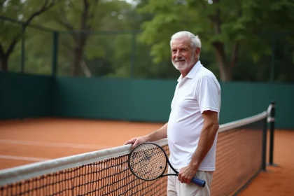 Homme age tennis sur court en terre battue
