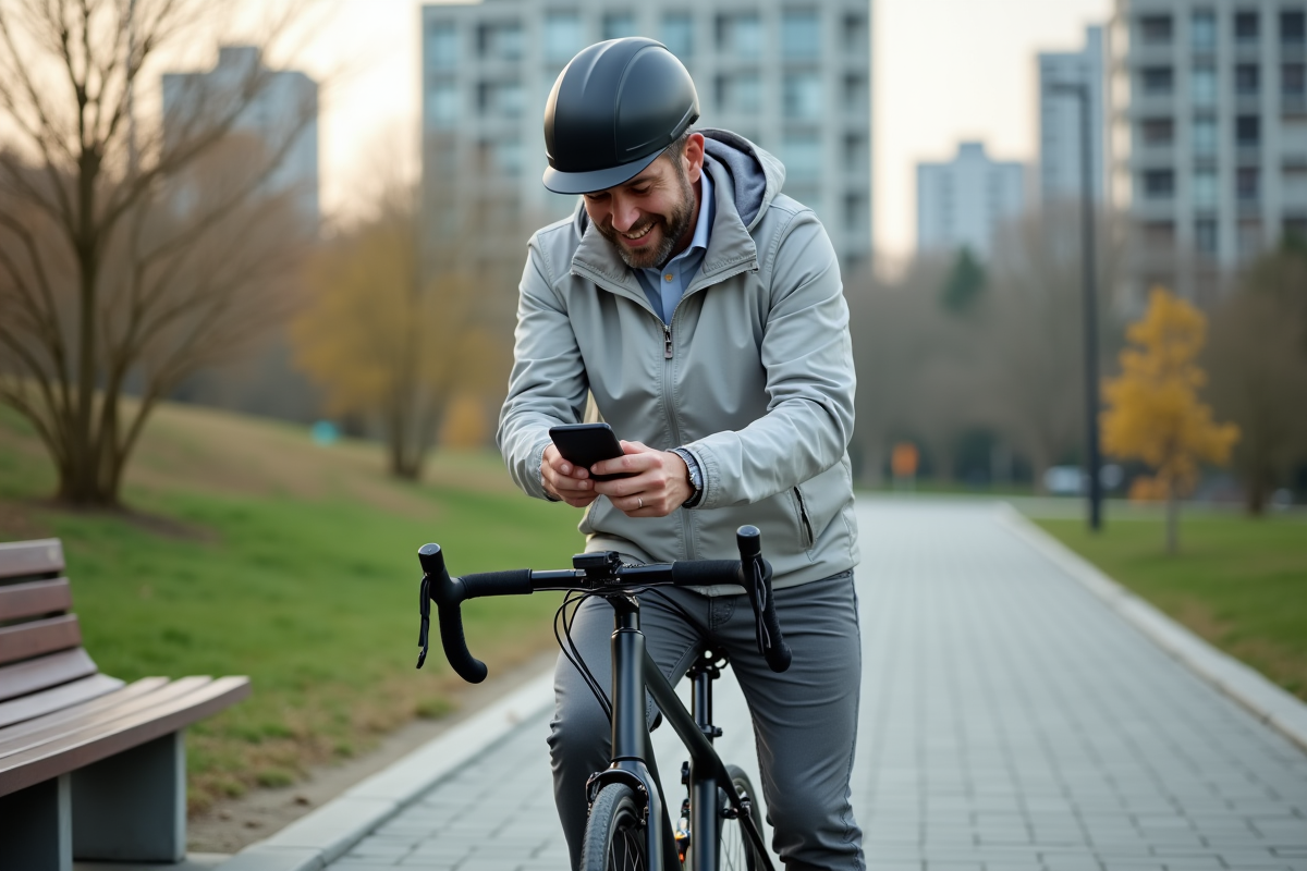 Homme en ville attachant son smartphone à son vélo urbain