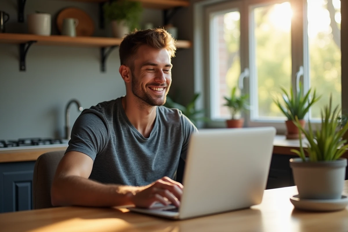 Homme assis à la table cuisine utilisant une calculatrice de course