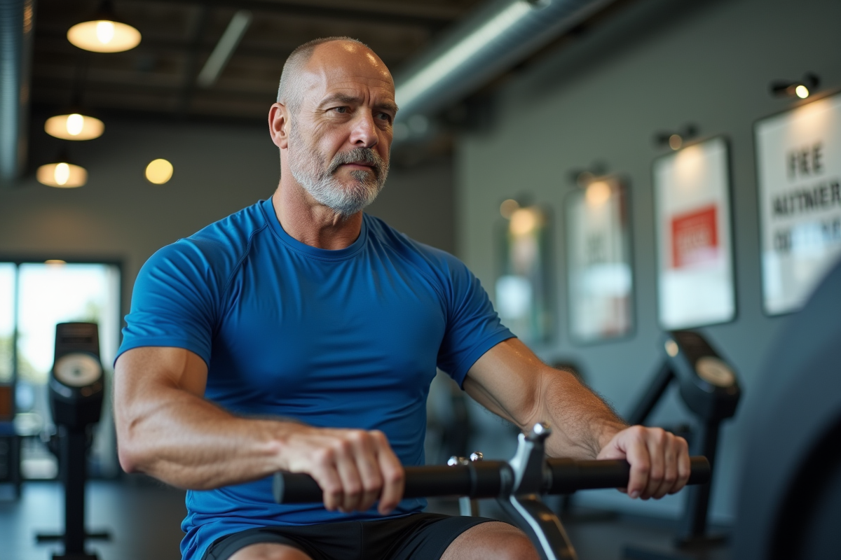 Homme en pleine séance de rame dans une salle de sport