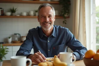 Homme en famille autour de la table du petit-déjeuner dans une cuisine française chaleureuse