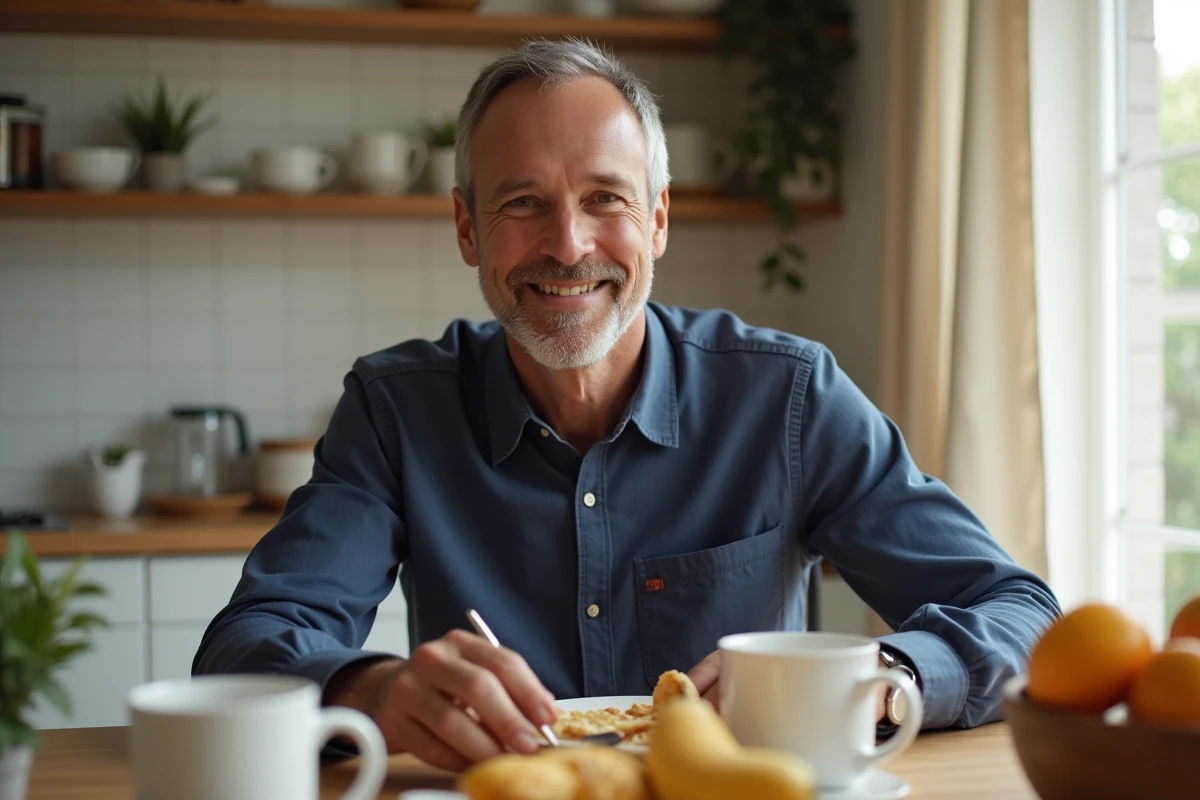 Homme en famille autour de la table du petit-déjeuner dans une cuisine française chaleureuse