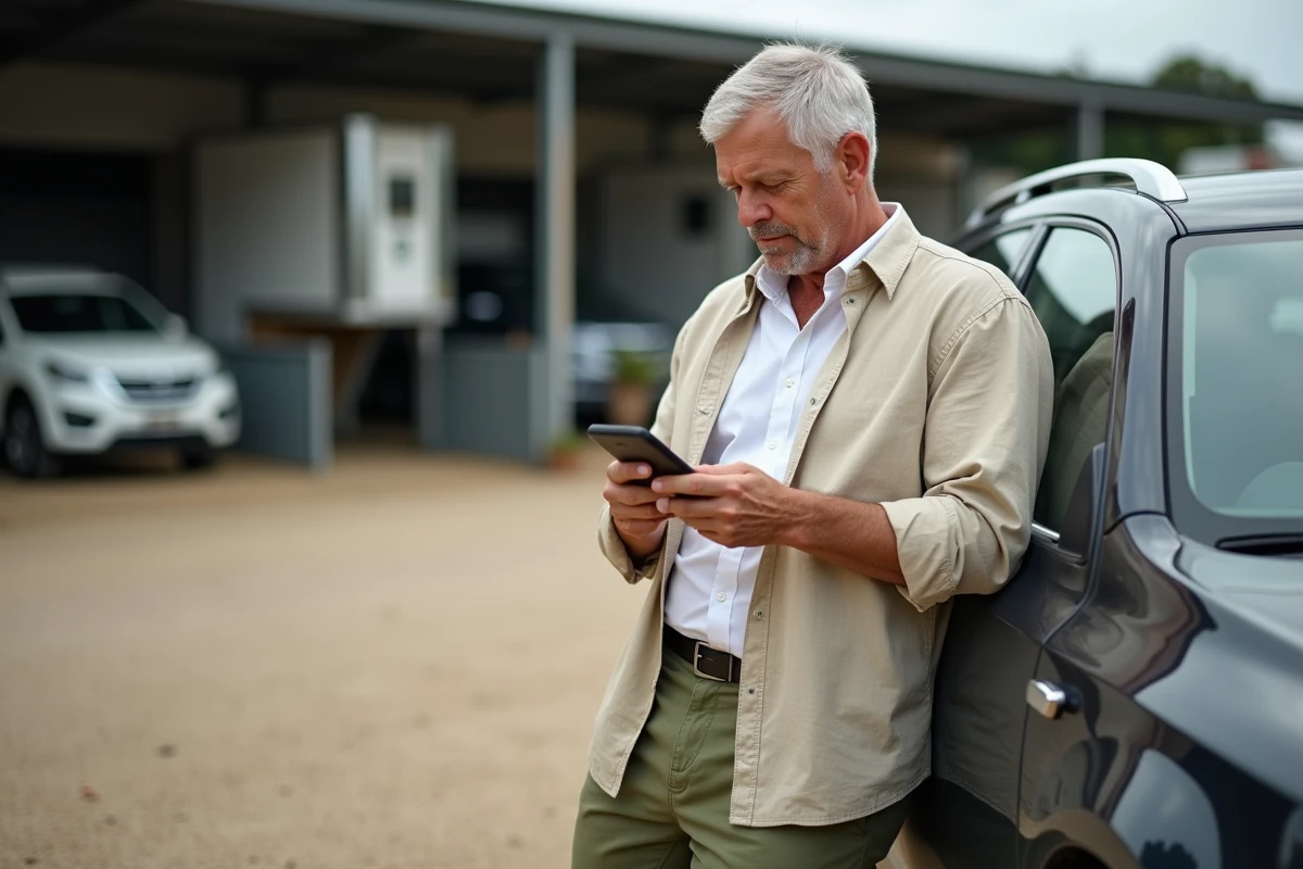 Homme utilisant Infonet 5 sur smartphone dans le parking d'un hippodrome de trot