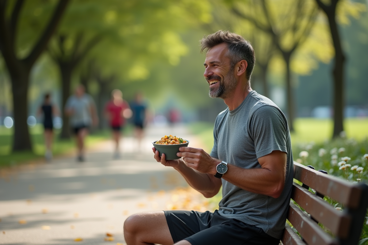 Homme courant dans le parc dégustant une salade maison