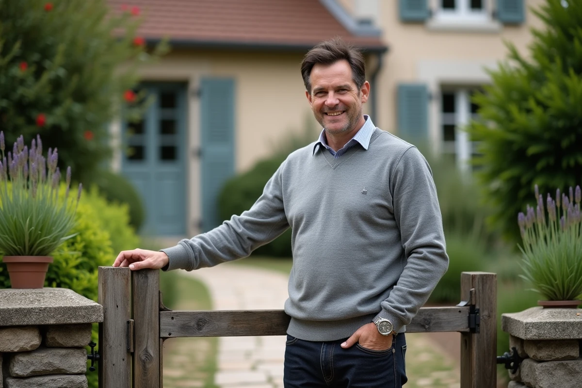Homme souriant devant sa maison de banlieue française avec jardin fleuri