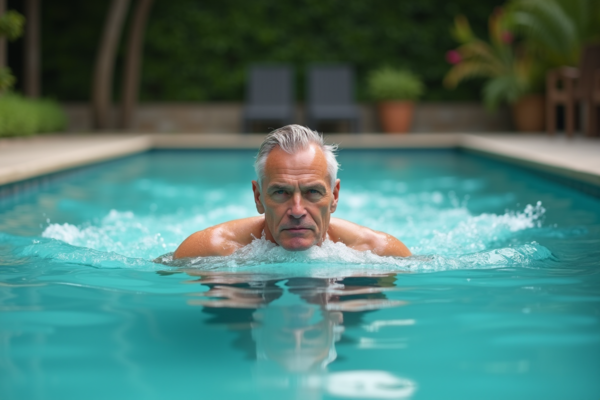 Homme nageant en piscine extérieure au matin