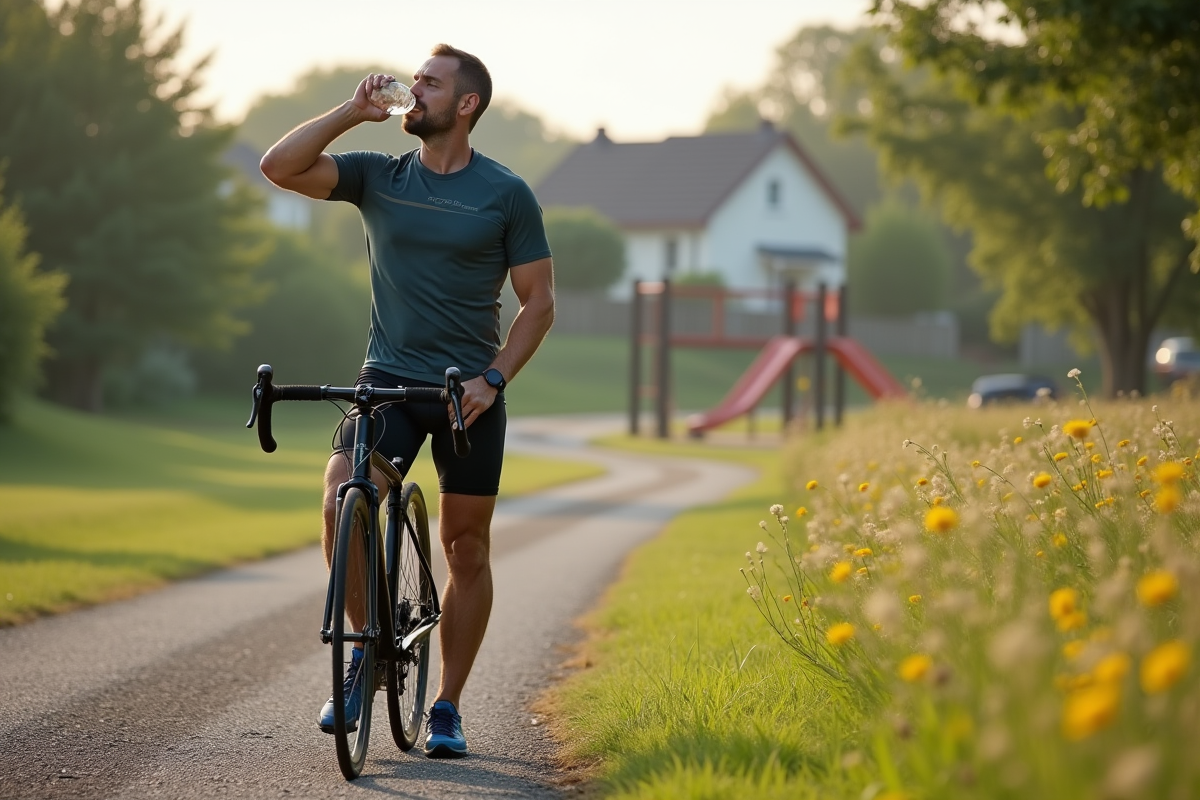 Homme en pause après cardio avec vélo dans parc suburbain
