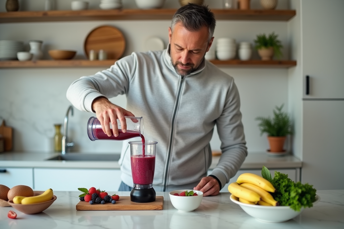 Homme middleaged prépare un smoothie dans une cuisine lumineuse
