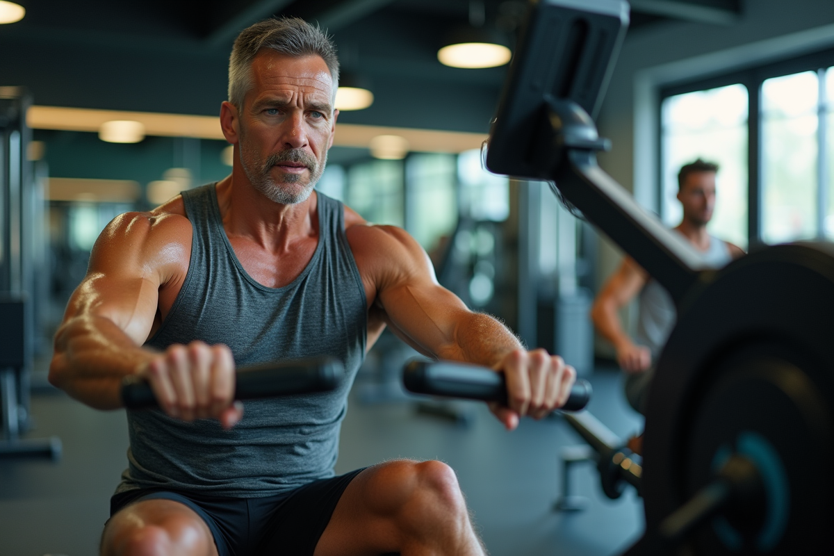 Homme faisant du rameur en salle de sport