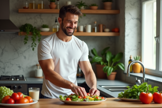 Homme en t-shirt sportif prépare une salade méditerranéenne