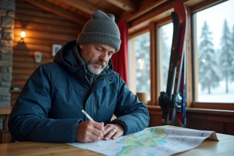 Homme d'âge moyen étudiant une carte dans une cabane de montagne