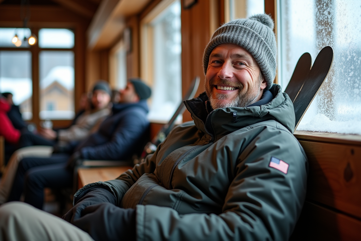 Homme souriant dans un lodge de ski avec skis à côté