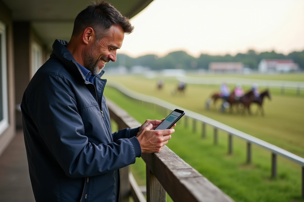 Homme consultant l'application Infonet 5 sur smartphone près d'une piste de courses au trot