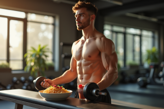 Jeune homme musclé levant un haltère dans une salle lumineuse avec un bol de pâtes
