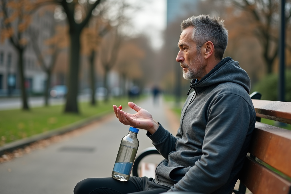 Homme en sport prenant une capsule de taurine au parc urbain