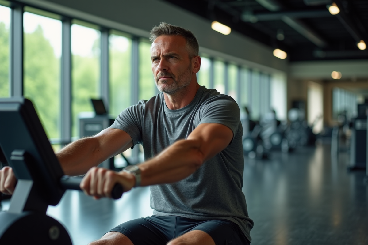 Homme faisant cardio sur rameur dans une salle moderne