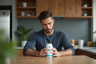 Jeune homme sportif lisant une étiquette de BCAA dans la cuisine
