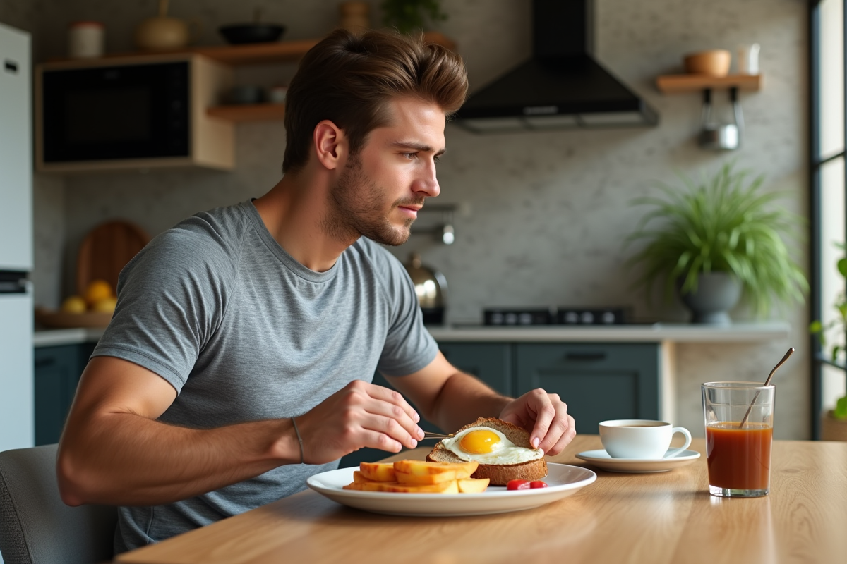 Jeune homme sportif mangeant un petit déjeuner équilibré