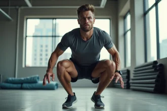 Homme en pleine action lors de squat jumps en salle de sport