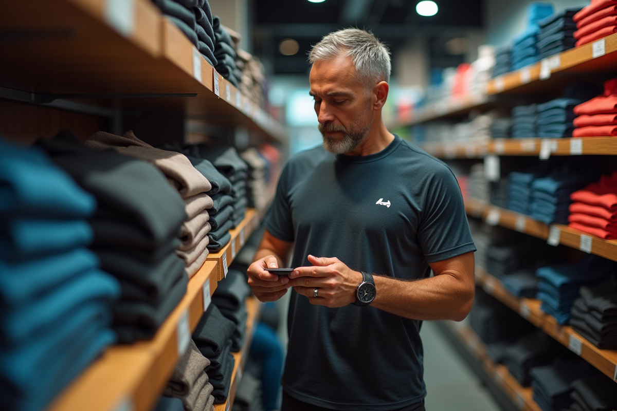 Homme examinant t-shirts de sport en magasin