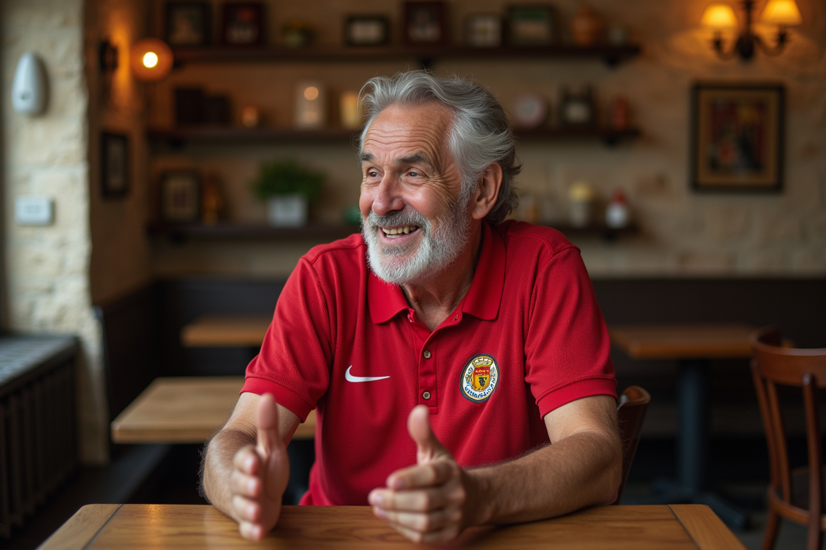 Homme mature en maillot rouge Diable Rouge lors d'un portrait