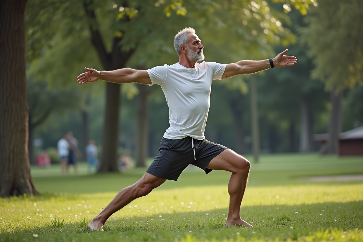 Homme en yoga et Pilates dans un parc naturel