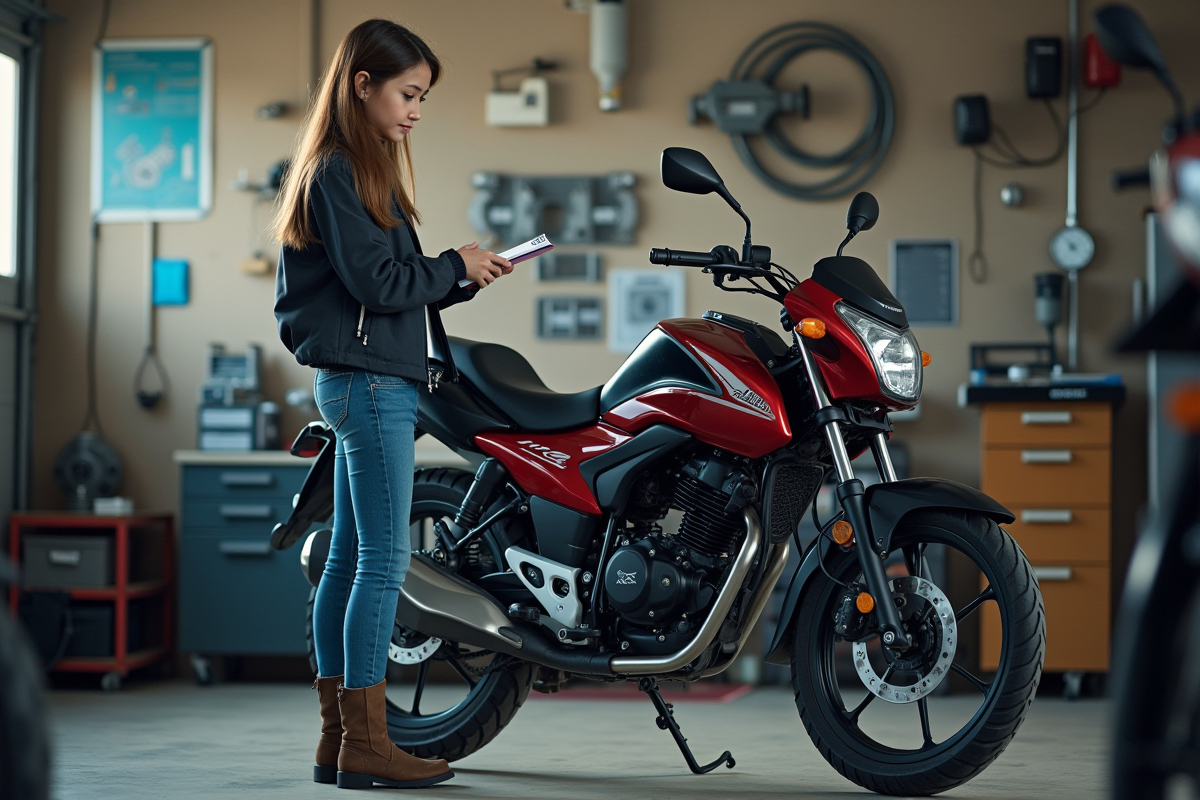 Fille inspectant une moto dans un garage organisé