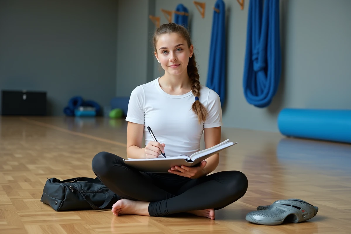 Jeune athlète féminine en section sport-études remplissant un carnet de suivi de progression dans un gymnase
