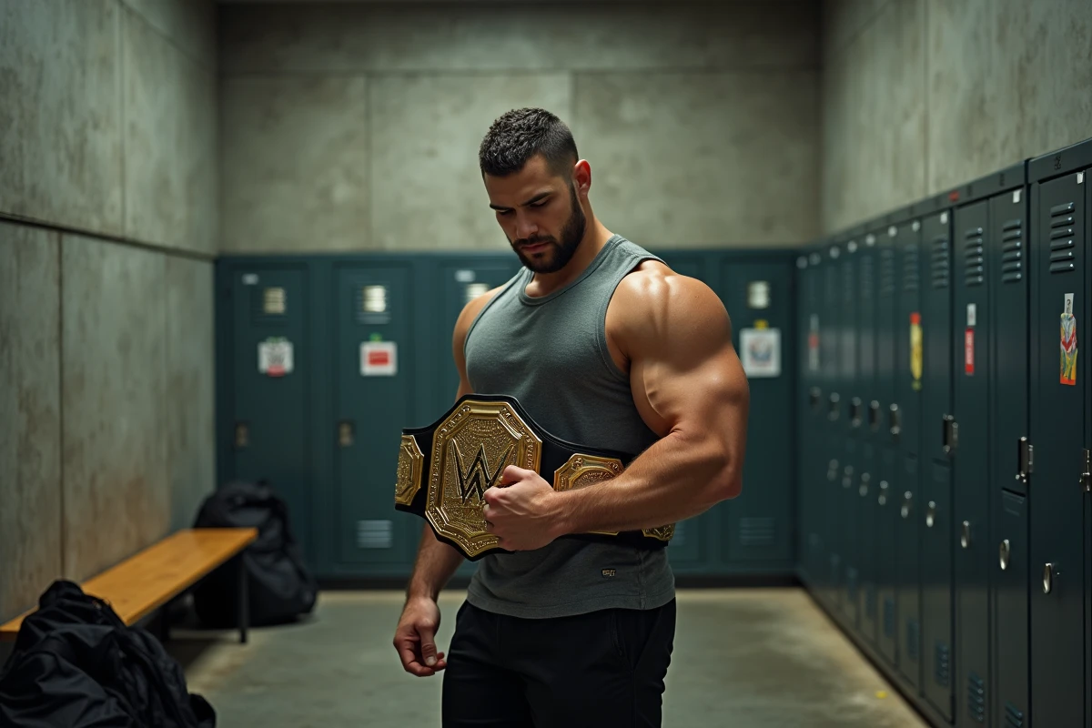 Jeune catcheur ambitieux examinant une ceinture de championnat dans un vestiaire de salle d'entraînement professionnelle