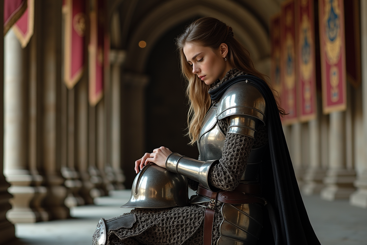 Jeune femme en armure polissant son casque dans une salle médiévale