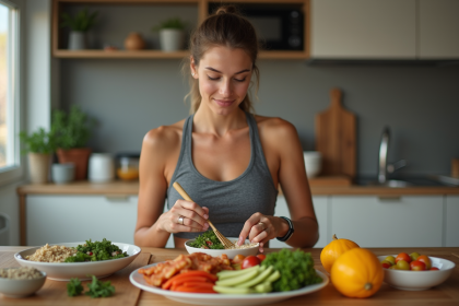 Jeune femme sportive préparant un repas équilibré dans la cuisine