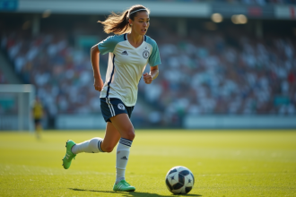 Jeune femme en tenue de football dribblant un ballon sur le terrain