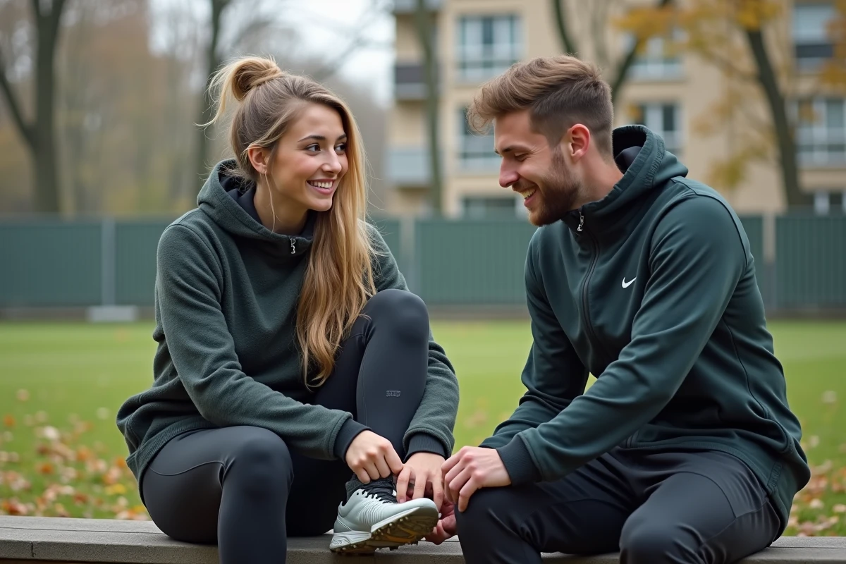 Jeune femme et homme discutant en tenue de sport sur un terrain parisien