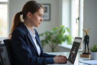 Jeune femme au bureau regardant son ordinateur pour la compétition