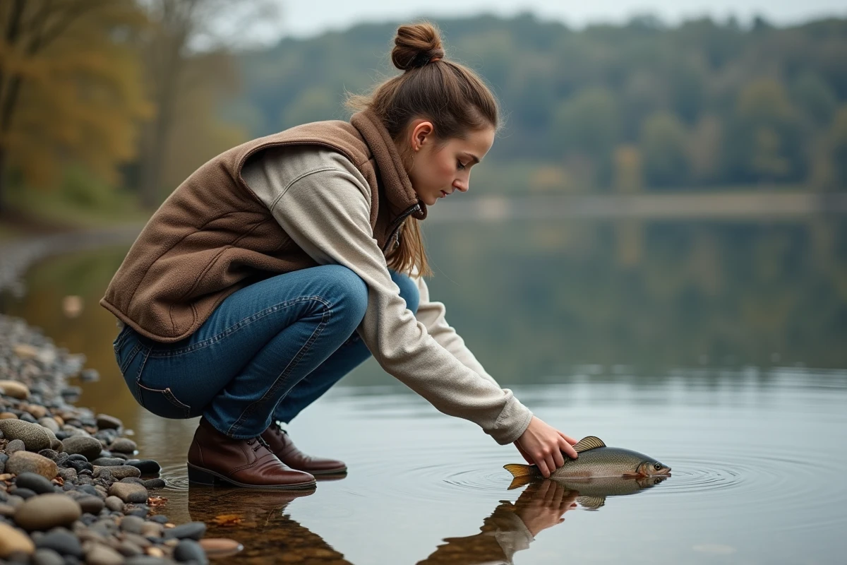 Jeune femme relâchant un poisson au bord d'un lac, représentant la réduction jeune sur la carte de pêche 2026
