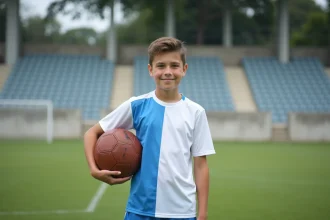 Jeune footballeur amateur d'Amiens tenant un ballon de football devant un stade local, illustrant la couverture médiatique des jeunes sportifs par la presse régionale