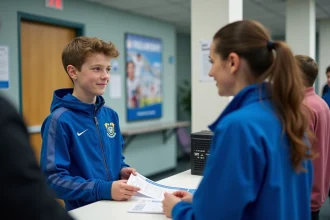 Jeune garçon souriant en tenue de sport parlant à une femme à l'accueil