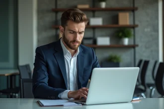 Jeune homme en costume assis à un bureau moderne en train de taper