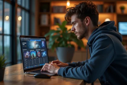 Jeune homme concentré jouant sur son ordinateur dans un bureau