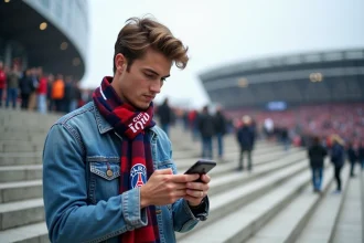 Jeune homme en Paris FC vérifiant billets smartphone