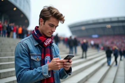 Jeune homme en Paris FC vérifiant billets smartphone