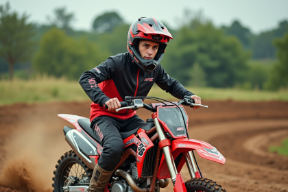 Jeune homme en motocross sur une piste en été