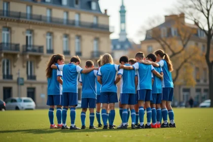 Groupe de jeunes footballeurs parisiens en huddle sur un terrain urbain